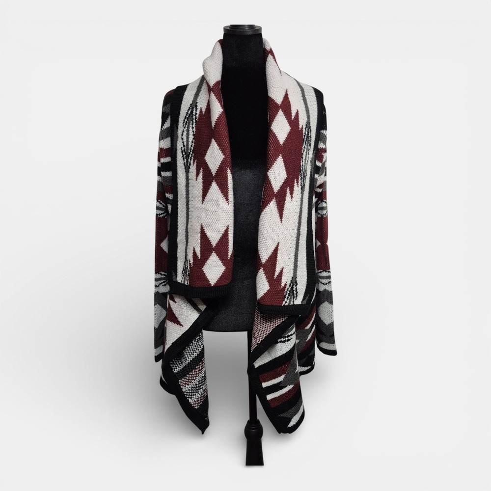 Bobeau Womens Southwestern Geometric Open Front Waterfall Cardigan Sweater M